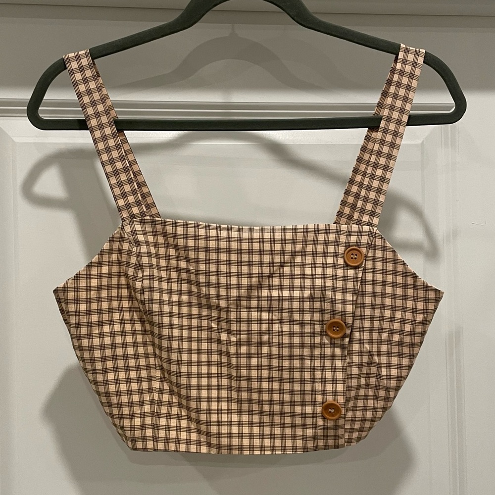 Brown Checkered Crop Top with Button Detail